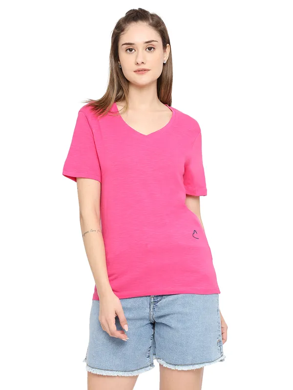 Being Human Semi Fit Women Crew Neck T-Shirts-Pink Glo